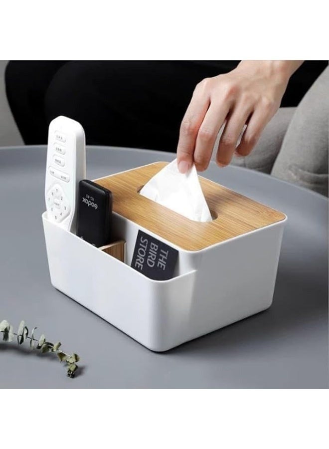 Happy Home Decorative Plastic Tissue Box with Wooden Lid, 2-Compartment Tissue Box Organizer for Living Room and Office, Multi-Purpose Tissue Holder with Storage for Remote Controls, Pens and Accessories, Lightweight Tabletop Organizer for Bathroom, Bedroom, Desk and Coffee Table - Image 2